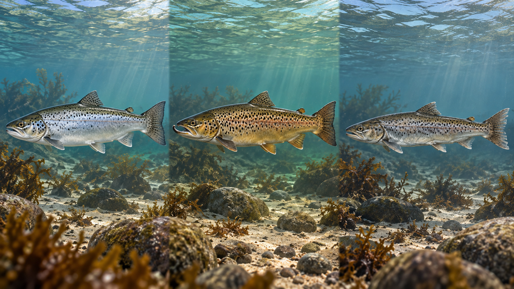 Illustration af tre havørreder: en blank fisk, en fisk i gydedragt og en mager nedfaldsfisk.