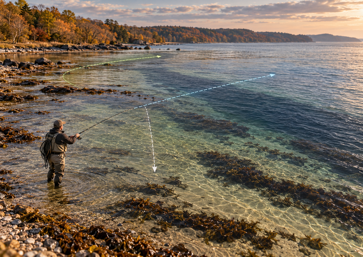 Kystfisker ved dansk fjord med illustration af forskellige kastevinkler over badekar og sandbanker